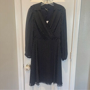 DKNY Navy Blue Polka Dot Collared Fit & Flare Long Sleeve Midi Dress Sz 6